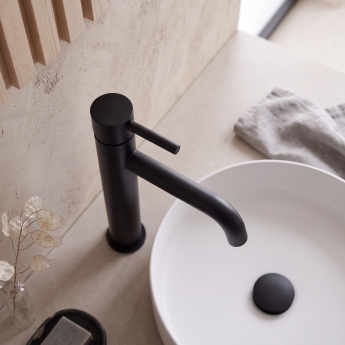 Prestige Nero Round Hi-Rise Mono Basin Mixer Tap - Matt Black | Product Image