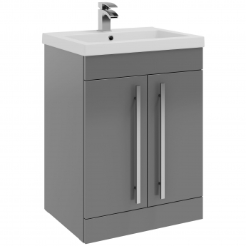 Prestige Purity 2-Door Floor Standing Vanity Unit with Mid Depth Ceramic Basin 600mm Wide - Storm Grey Gloss | Product Image