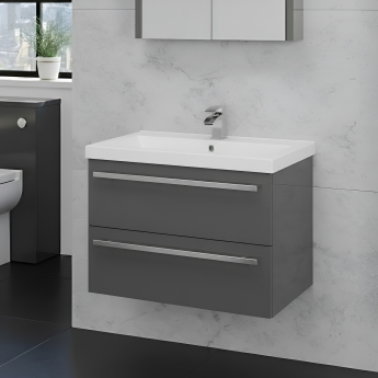Prestige Purity 2-Drawer Wall Hung Vanity Unit with Mid Depth Ceramic Basin 600mm Wide - Storm Grey Gloss | Product Image