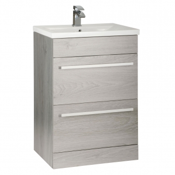 Prestige Purity 2-Drawer Floor Standing Vanity Unit with Mid Depth Ceramic Basin 600mm Wide - Silver Oak | Product Image