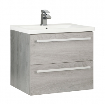 Prestige Purity 2-Drawer Wall Hung Vanity Unit with Mid Depth Ceramic Basin 600mm Wide - Silver Oak | Product Image