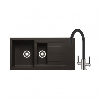 Prima+ Granite 1.5 Bowl inset Kitchen Sink With Swan Neck Mixer Tap 1000mm L x 500mm W - Black