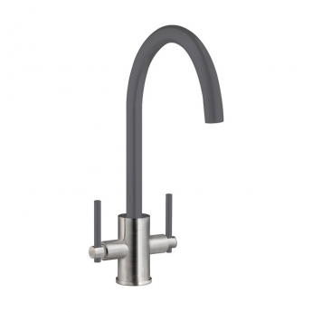 Prima Coloured Swan Neck Dual Lever Kitchen Sink Mixer Tap - Gun Metal/Brushed Steel