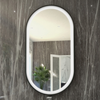 RAK Art Oval LED Illuminated Bathroom Mirror with Demister Pad 1000mm H x 450mm W - Matt Black