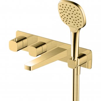 RAK Petit Square Thermostatic Concealed Dual Outlet Shower Valve with Handset and Bath Spout - Brushed Gold