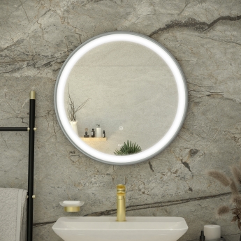 RAK Picture Round LED Illuminated Bathroom Mirror with Demister Pad 600mm Diameter - Brushed Nickel | Product Image