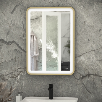 RAK Picture Soft LED Illuminated Bathroom Mirror with Demister Pad 700mm H x 500mm W - Brushed Gold | Product Image