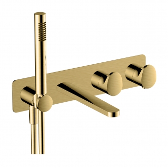 RAK Round Horizontal Thermostatic Concealed Dual Outlet Shower Valve with Handset and Bath Spout - Brushed Gold