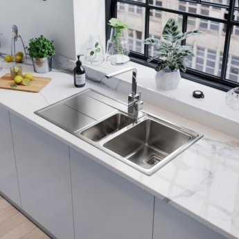 Rangemaster Arlington 1.5 Bowl Inset Kitchen Sink with LH Drainer & Waste Kit 985mm L x 508mm W - Stainless Steel