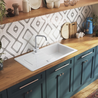 Rangemaster Austell 1.0 Bowl Inset Ceramic Kitchen Sink with Waste Kit 1000mm L x 500mm W - White