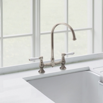 Rangemaster Belfast Traditional Bridge Dual Lever Kitchen Sink Mixer Tap - Brushed