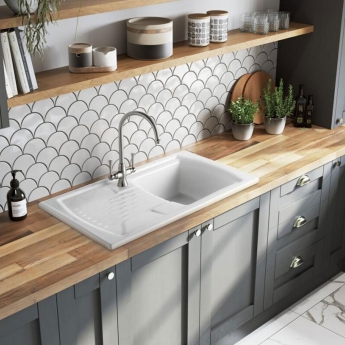 Rangemaster Tenby 1.0 Bowl Inset Ceramic Kitchen Sink with Waste Kit 850mm L x 500mm W - White
