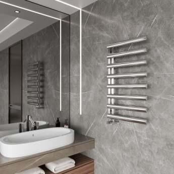 Reina Cavo Designer Heated Towel Rail 880mm H x 500mm W Polished Stainless Steel | Product Image