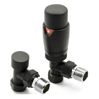 Reina Modal TRV Angled Radiator Valve and LockShield Black | Product Image