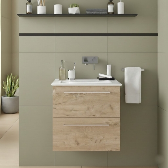 Signature Aalborg Wall Hung 2-Drawer Vanity Unit with Thin Edge Basin 610mm Wide 0TH - Oak | Product Image