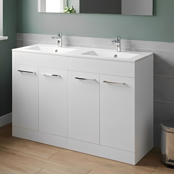 Signature Aalborg Floor Standing 4-Door Vanity Unit with Thin Edge Basin 1210mm Wide 2TH - White Gloss | Product Image