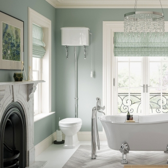 Signature Aphrodite High Level Toilet with Pull Chain Cistern - Satin White Soft Close Seat with Brass Hinges