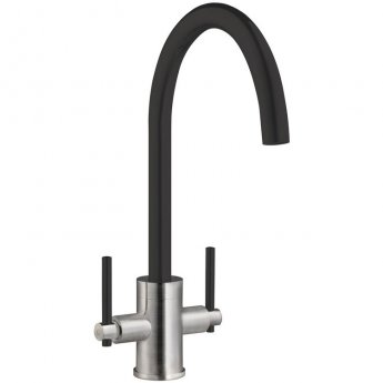 Prima Coloured Swan Neck Dual Lever Kitchen Sink Mixer Tap - Black/Brushed Steel