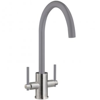 Prima Coloured Swan Neck Dual Lever Kitchen Sink Mixer Tap - Grey/Brushed Steel