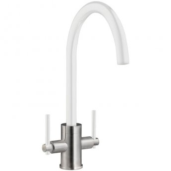 Prima Coloured Swan Neck Dual Lever Kitchen Sink Mixer Tap - White/Brushed Steel