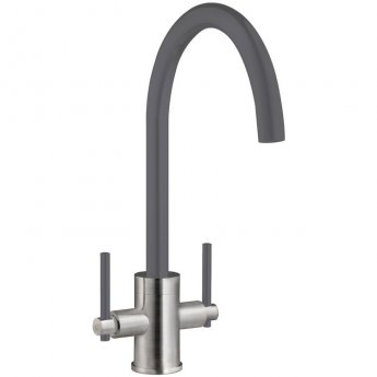 Prima Coloured Swan Neck Dual Lever Kitchen Sink Mixer Tap - Gun Metal/Brushed Steel