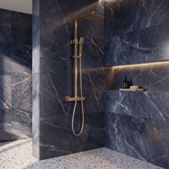 Signature Square Thermostatic Bar Mixer Shower with Shower Kit + Fixed Head - Brushed Brass | Product Image