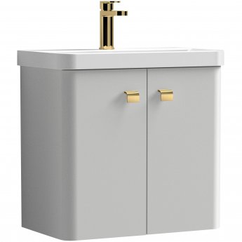 Curva Deluxe Wall Hung Vanity Unit with Brass Handles - 600mm Wide - Light Grey