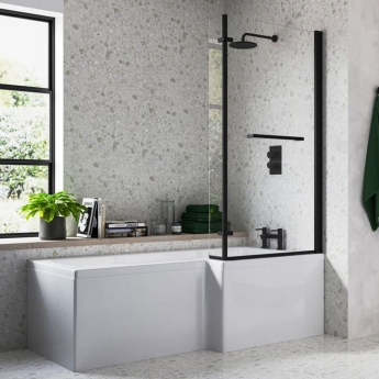 Signature Hermes L-Shaped Shower Bath with Front Panel and Matt Black Screen 1700mm x 700mm/850mm Right Handed | Product Image