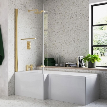 Signature Hermes Supercast L-Shaped Shower Bath with Front Panel and Brushed Brass Screen 1700mm x 700mm/850mm Left Handed | Product Image