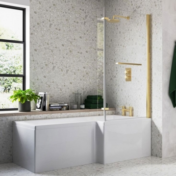 Signature Hermes L-Shaped Shower Bath with Front Panel and Brushed Brass Screen 1700mm x 700mm/850mm Right Handed | Product Image