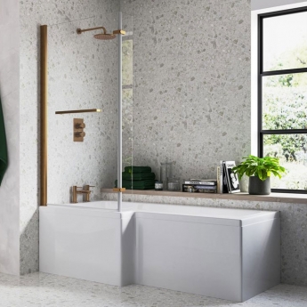 Signature Hermes L-Shaped Shower Bath with Front Panel and Brushed Bronze Screen 1700mm x 700mm/850mm Left Handed | Product Image