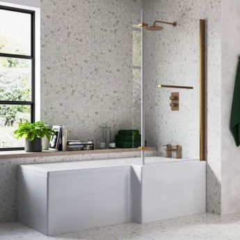 Signature Hermes L-Shaped Shower Bath with Front Panel and Brushed Bronze Screen 1700mm x 700mm/850mm Right Handed | Product Image