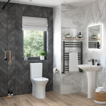 Signature Indus Open Back Close Coupled Rimless Toilet with Push Button Cistern - Soft Close Seat