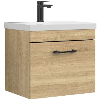 Versa Arc Wall Hung 1-Drawer Vanity Unit with Black Handle - 500mm Wide - Natural Oak
