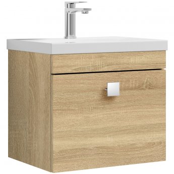 Versa Deco Wall Hung 1-Drawer Vanity Unit with Chrome Handle - 500mm Wide - Natural Oak