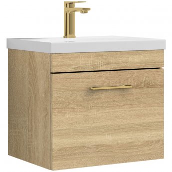 Versa Trim Wall Hung 1-Drawer Vanity Unit with Brass Handle - 500mm Wide - Natural Oak