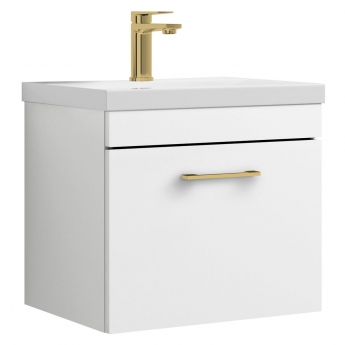 Versa Trim Wall Hung 1-Drawer Vanity Unit with Basin and Brass Handle - 500mm Wide - Gloss White