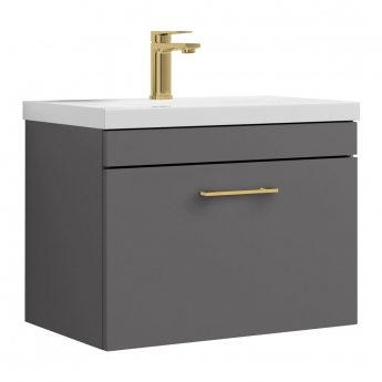 Versa Trim Wall Hung 1-Drawer Vanity Unit with Basin and Brass Handle - 600mm Wide - Dark Grey