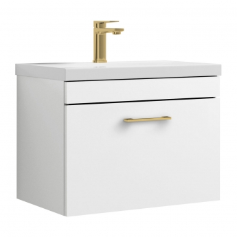 Versa Trim Wall Hung 1-Drawer Vanity Unit with Basin and Brass Handle - 600mm Wide - Gloss White