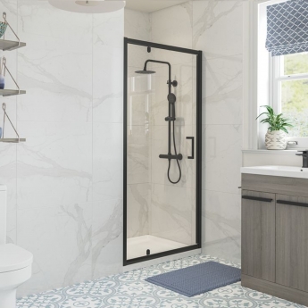 Signature Verve Matt Black Pivot Shower Door - 6mm Glass