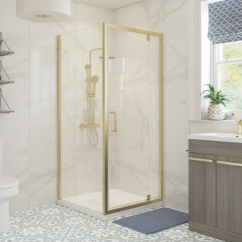 Signature Verve Brushed Brass Pivot Shower Door - 6mm Glass