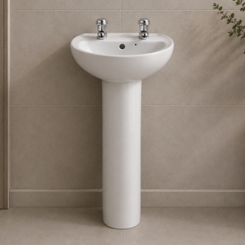Twyford Alcona Handrinse Basin & Full Pedestal 400mm Wide 2 Tap Hole | Product Image