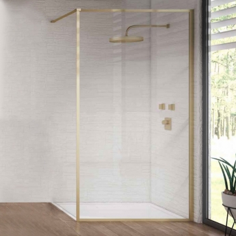 Verona Aquaglass Velar+ Brushed Brass Walk-in Shower Panel 1200mm Wide with Support Bar - 8mm Glass