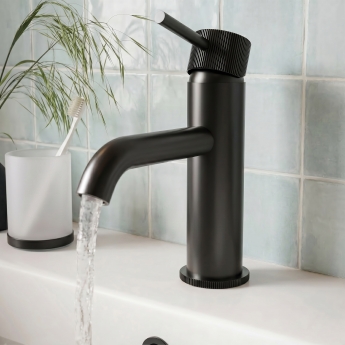 Verona Rivenza Fluted Matt Black Basin Mixer Tap (inc Waste) | Product Image