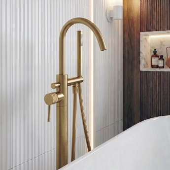 Verona Rivenza Fluted Brushed Brass Freestanding Bath Shower Mixer Tap (inc Kit) | Product Image