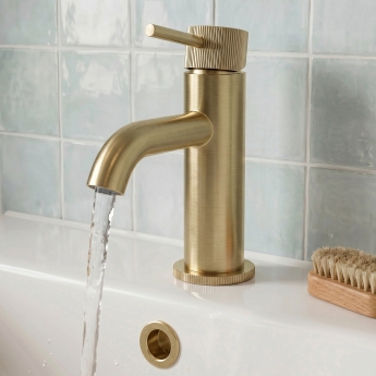 Verona Rivenza Fluted Brushed Brass Mini Basin Mixer Tap (inc Waste) | Product Image