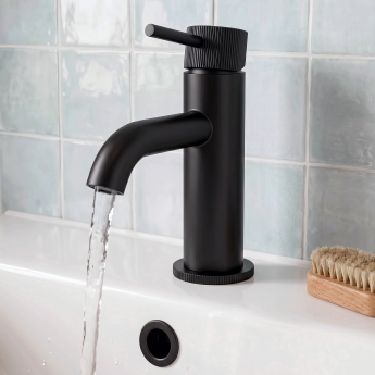Verona Rivenza Fluted Matt Black Mini Basin Mixer Tap (inc Waste) | Product Image