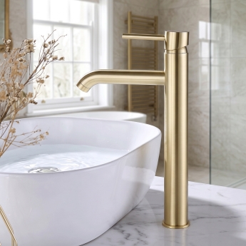 Verona RIvenza Brushed Brass Tall High Rise Basin Mixer Tap | Product Image
