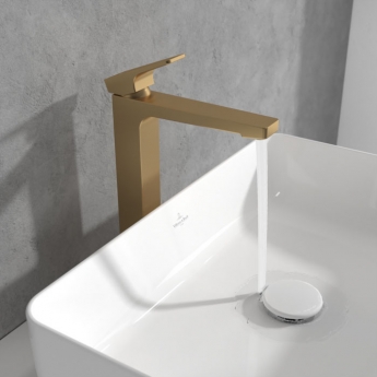 Villeroy & Boch Architectura Square Tall Basin Mixer Tap with Push Button Slotted Waste - Brushed Gold