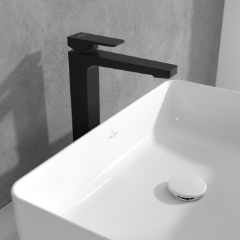 Villeroy & Boch Architectura Square Tall Basin Mixer Tap with Push Button Slotted Waste - Matt Black